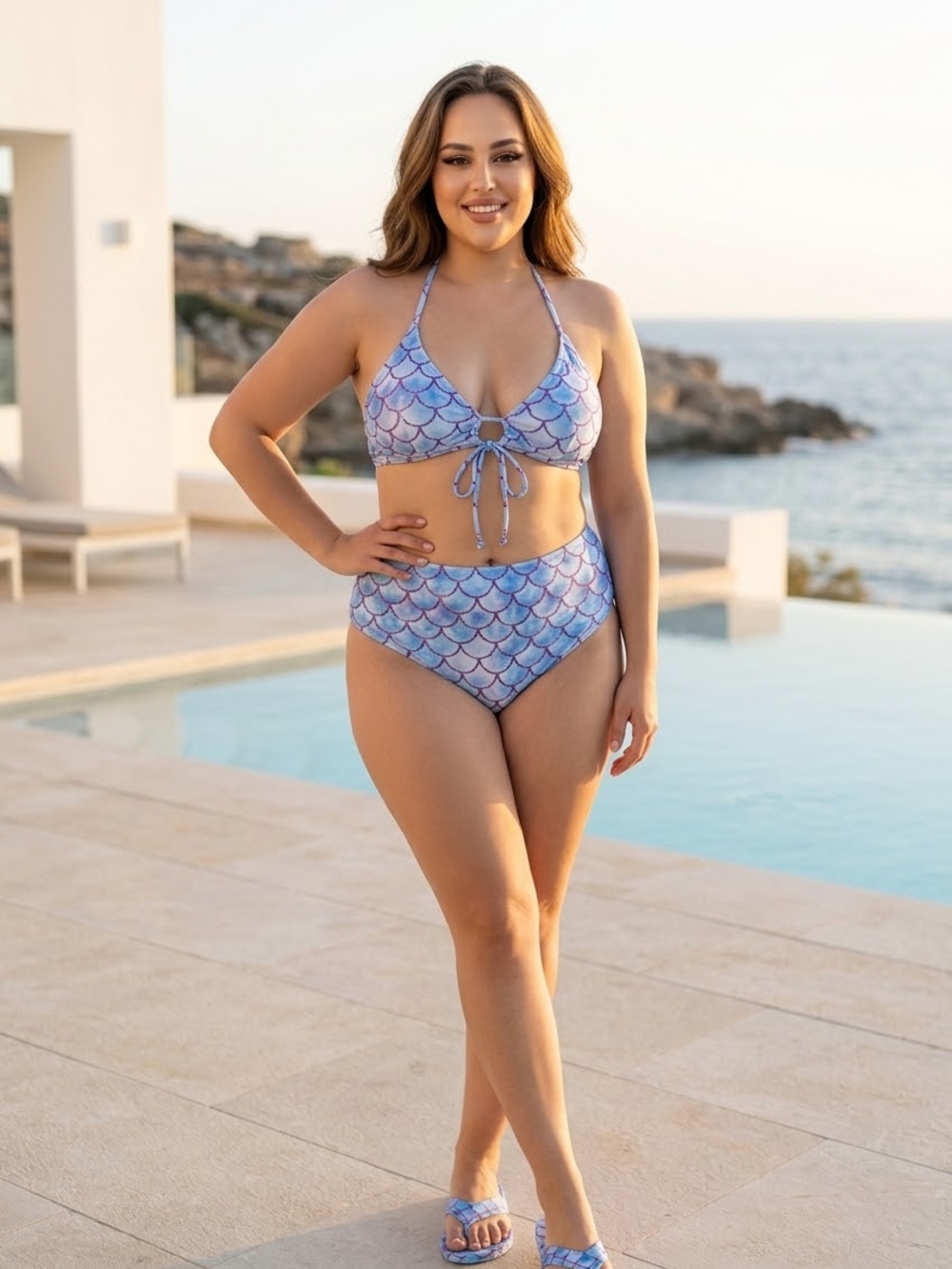 Plus Size Mermaid Scale Blue Halter Bikini